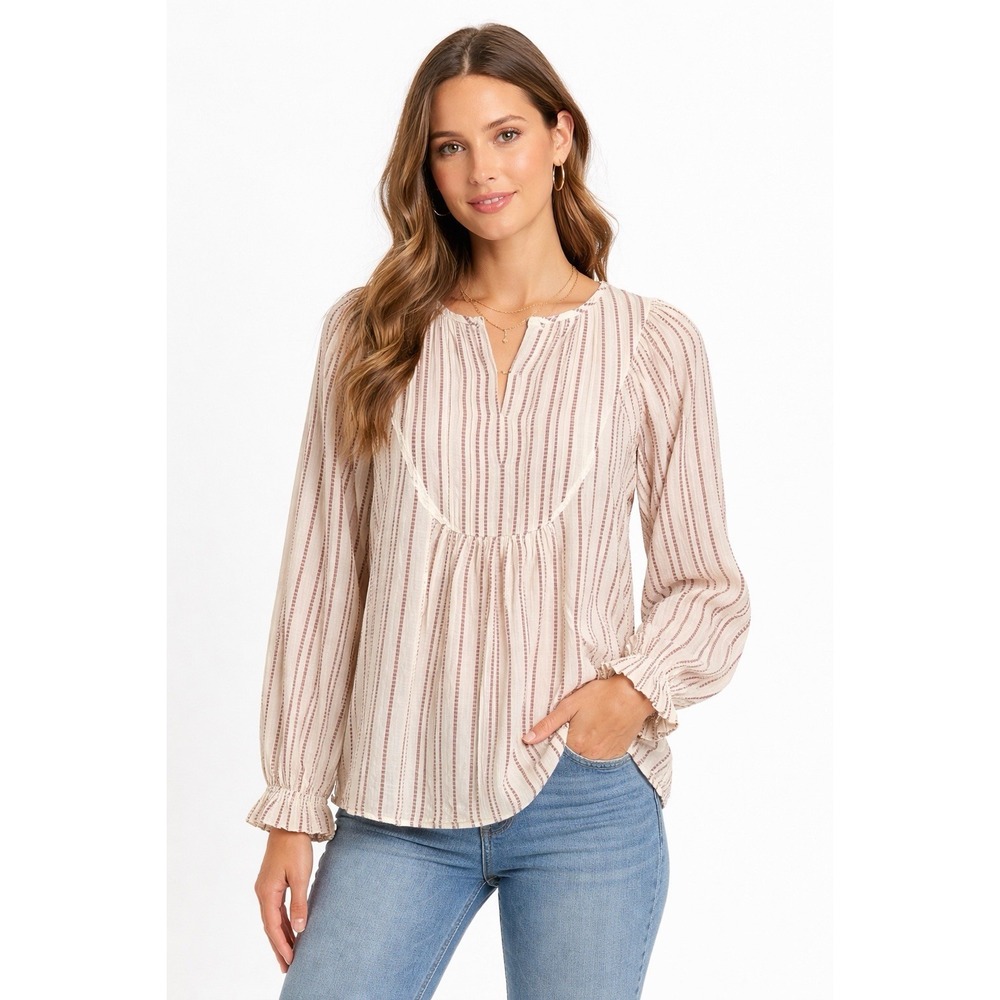 Elizabeth and James Womenns Blouse S Boho Peasant Striped Cotton Long Sleeve